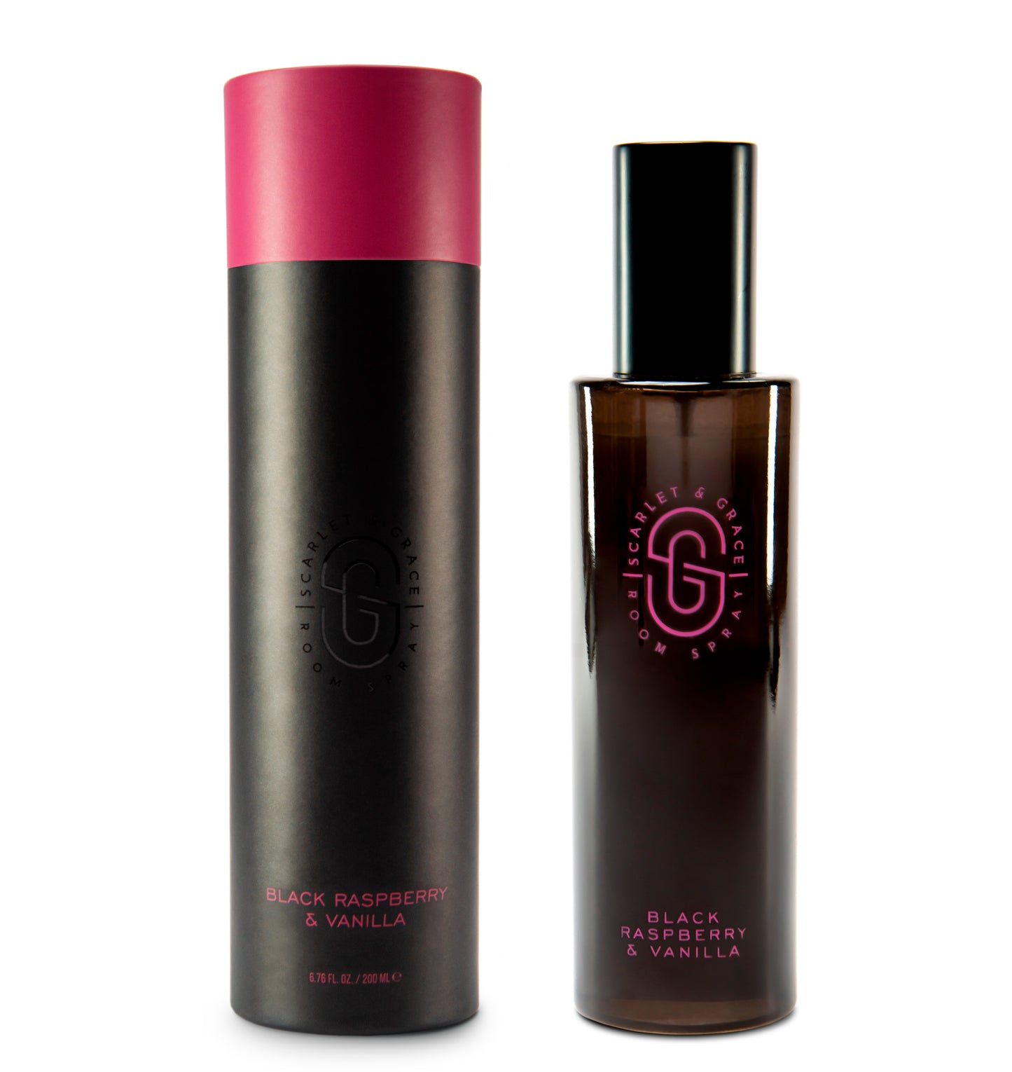 200ml Black Raspberry & Vanilla room spray styled with natural stone and florals — blackberry, raspberry, jasmine and musk
