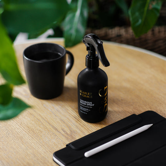 Scarlet & Grace 250ml luxurious room spray in matte black bottle with gold branding — long-lasting home fragrance