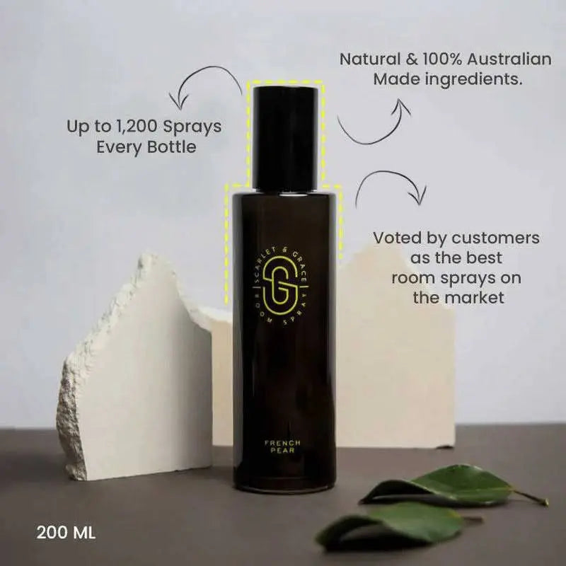 Black spray bottle with brand logo on a neutral background, featuring text about product features.