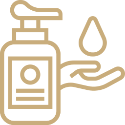 Icon of a hand holding a bottle with a droplet, symbolizing hygiene or cleanliness.