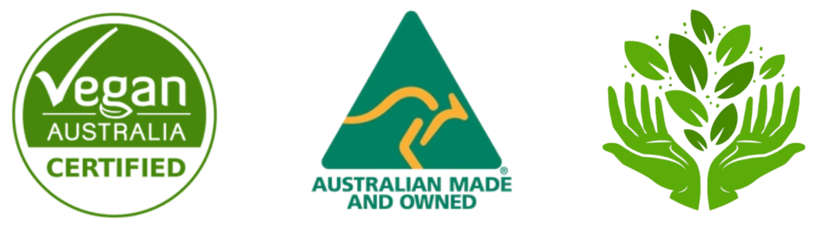 Three green logos: Vegan Australia Certified, Australian Made and Owned, and a design with hands holding leaves.