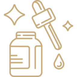 Icon of a pill bottle with a dropper and stars, representing supplements or vitamins.