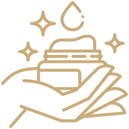 Icon of a hand holding a jar with stars and a droplet around it, in gold color.