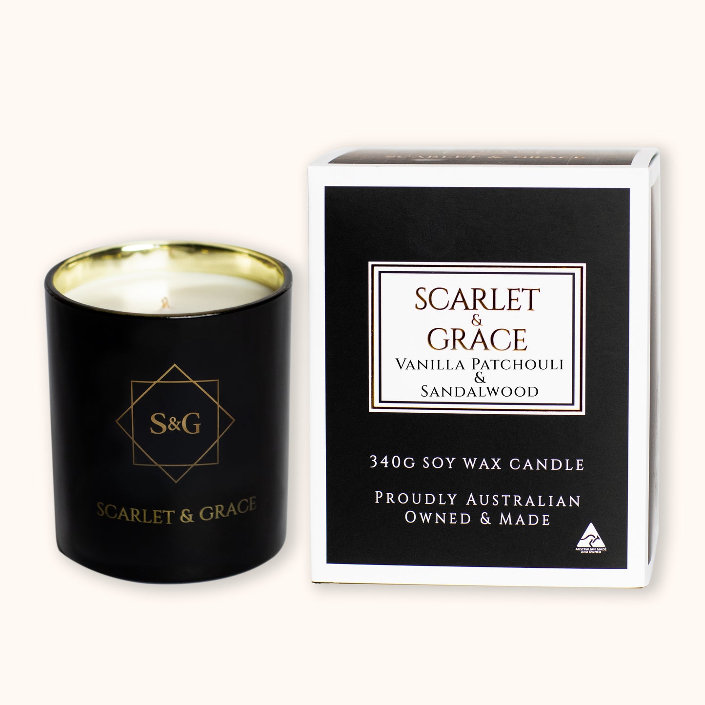 Vanilla, Patchouli & Sandalwood - 340gm Soy Wax Candle - Scarlet & Grace