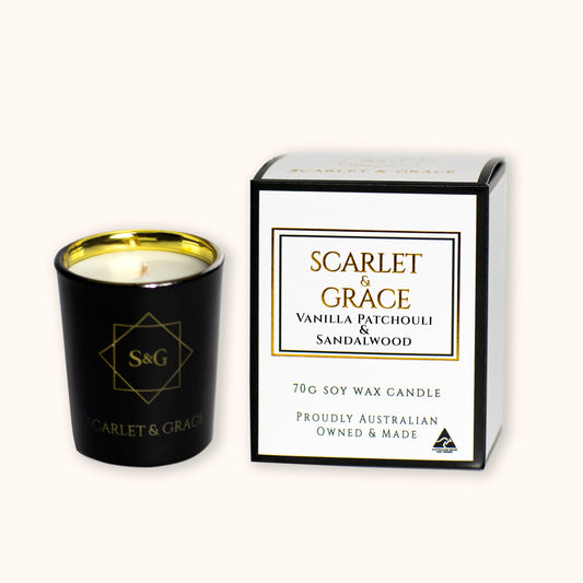Vanilla, Patchouli & Sandalwood - 70gm Soy Wax Candle - Scarlet & Grace